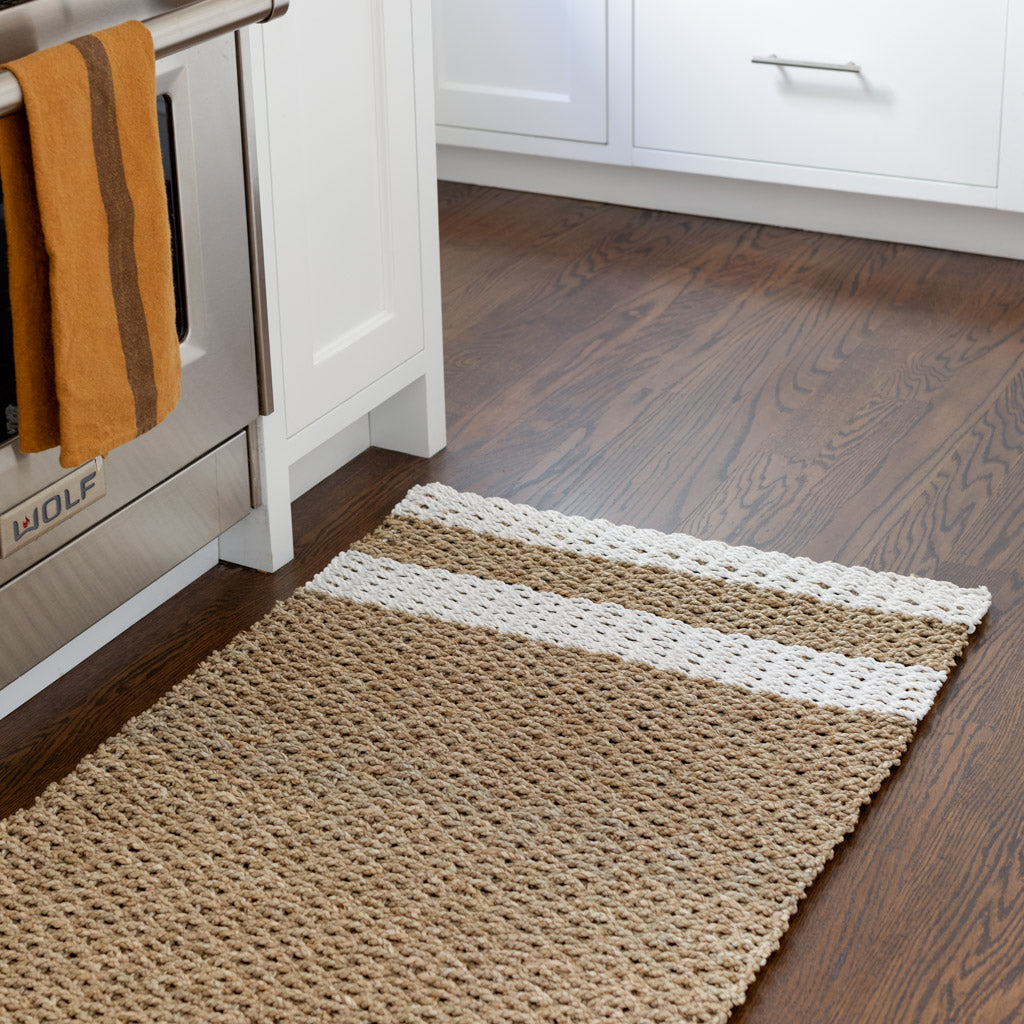 stylish white woven brown rug with white stripes