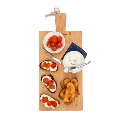 Small Farmtable Wood Serving Plank with dipping bowl, cheese, toasts, and knives
