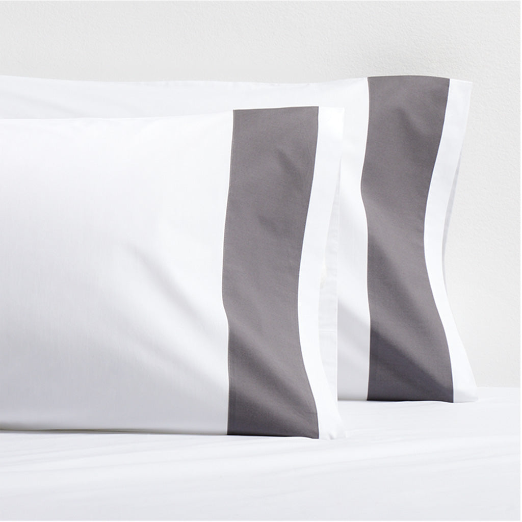 white percale cotton sheet set with dark grey edging