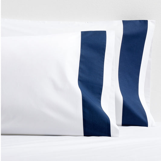 white and navy wide-band cotton percale pillowcases