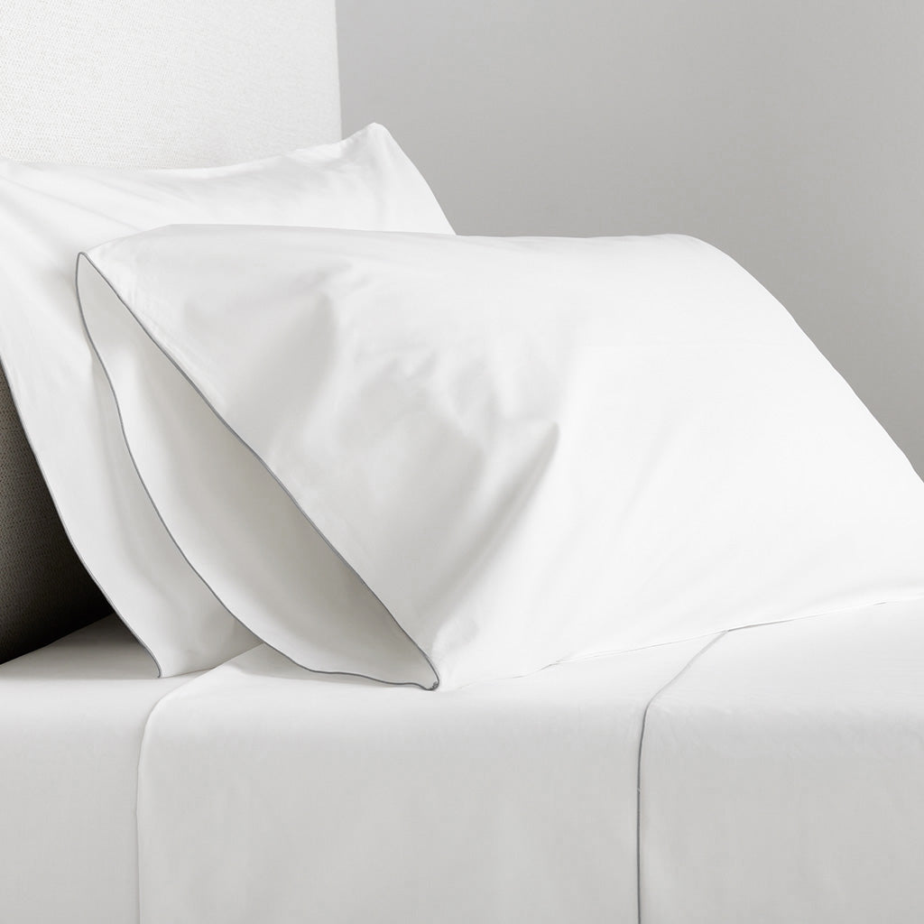 white percale cotton with grey stitching sheet set 