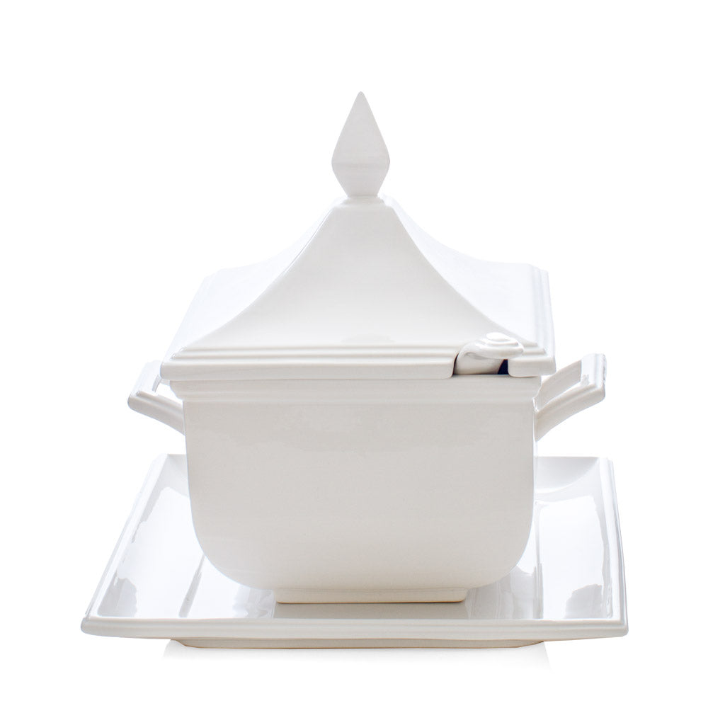 Milano Ceramic soup tureen square with lid handle and plate