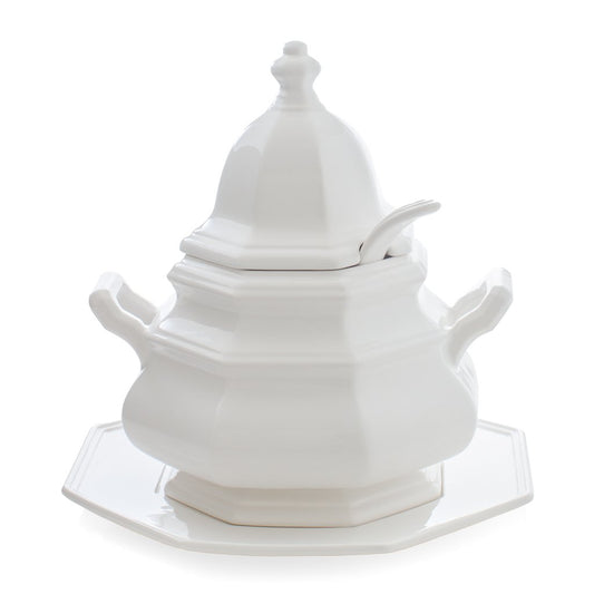 White roma ceramic soup tureen with lid ladle and plate