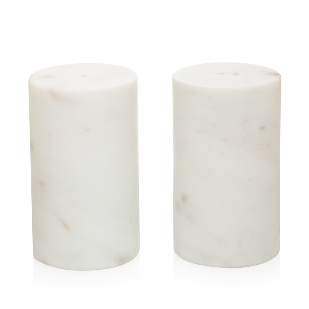 White marble cylindric salt and pepper set of 2