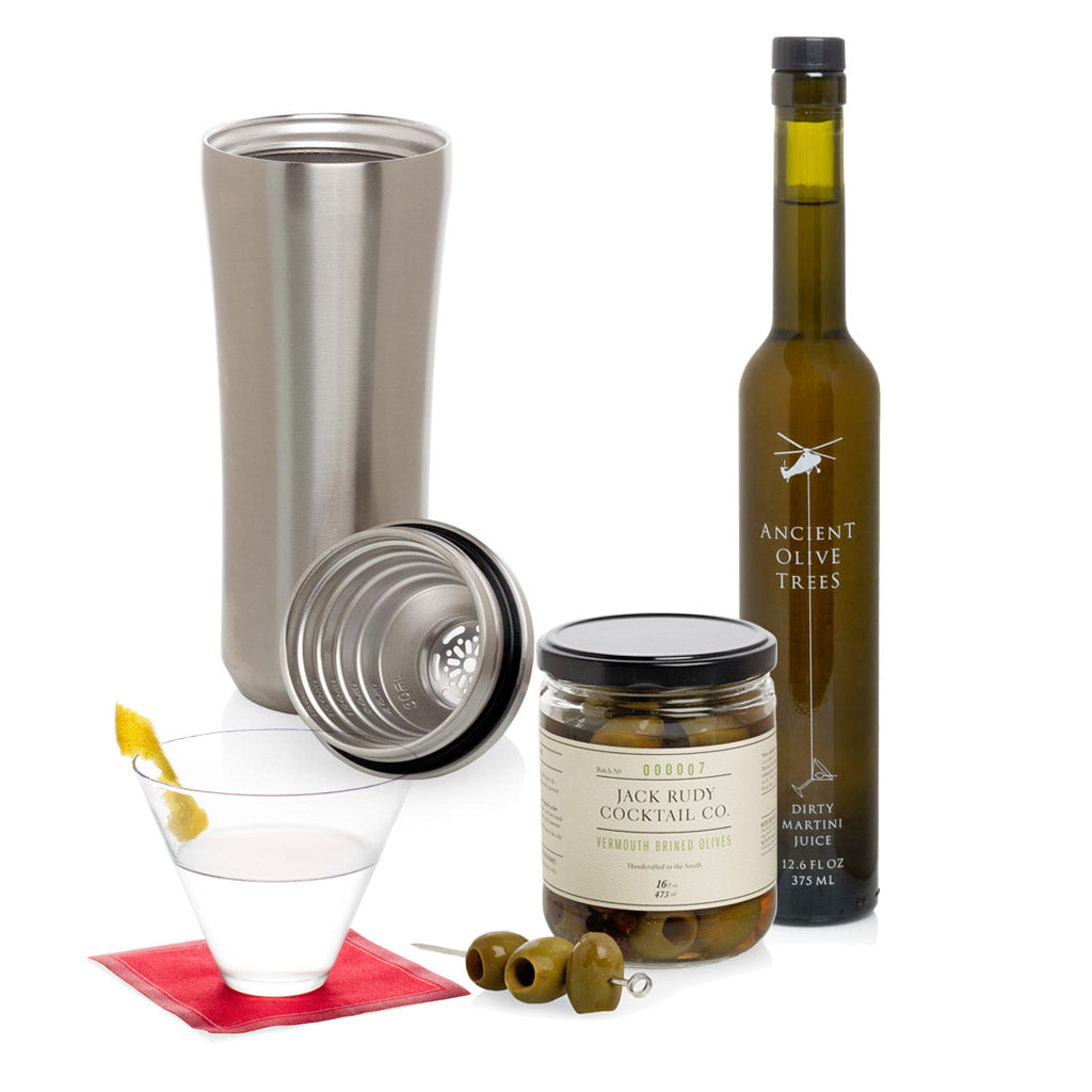 Martini gift set with shaker martini juice stemless glass and olives