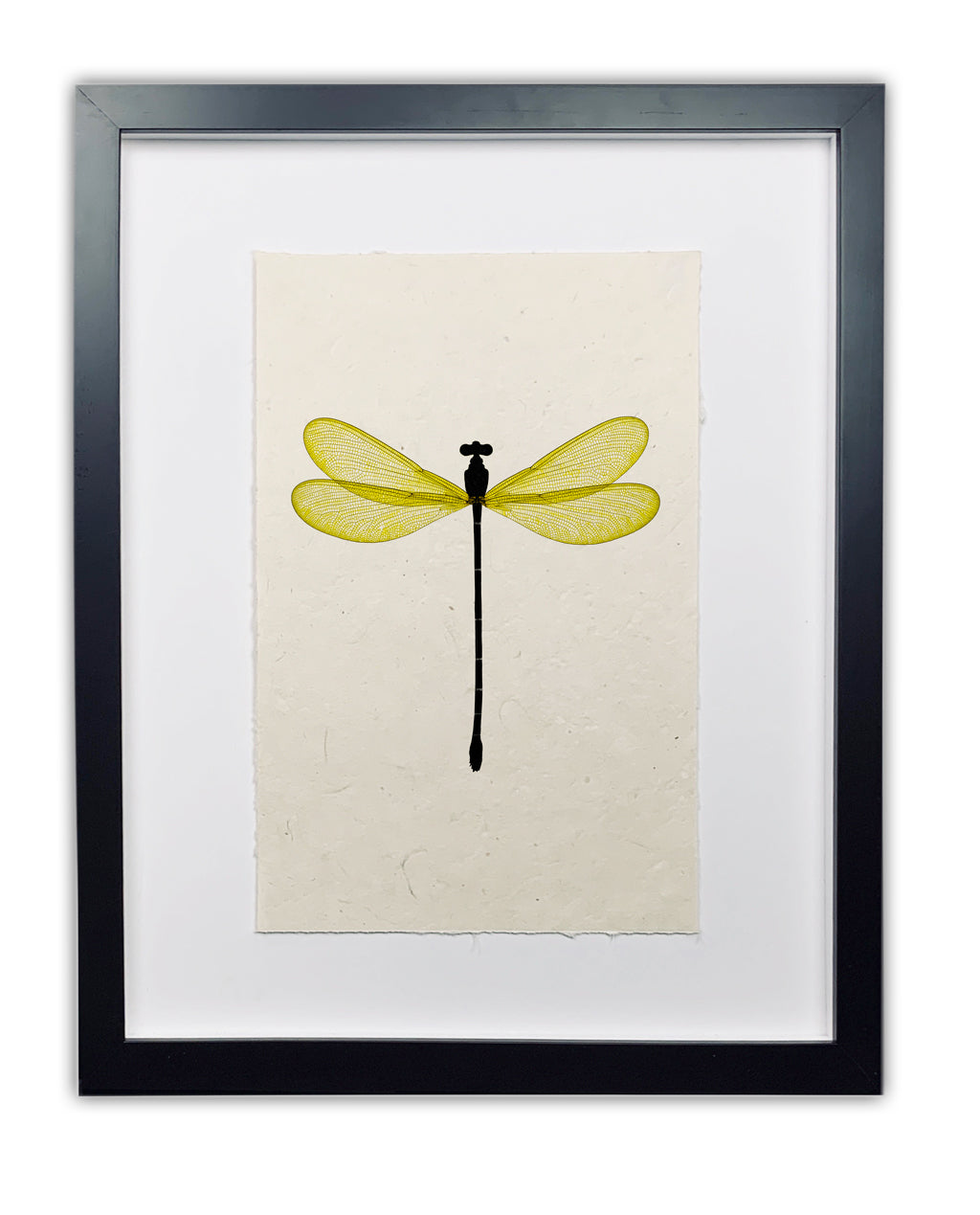 Yellow Damsel Dragonfly framed handmade paper wall art print 9"x14"