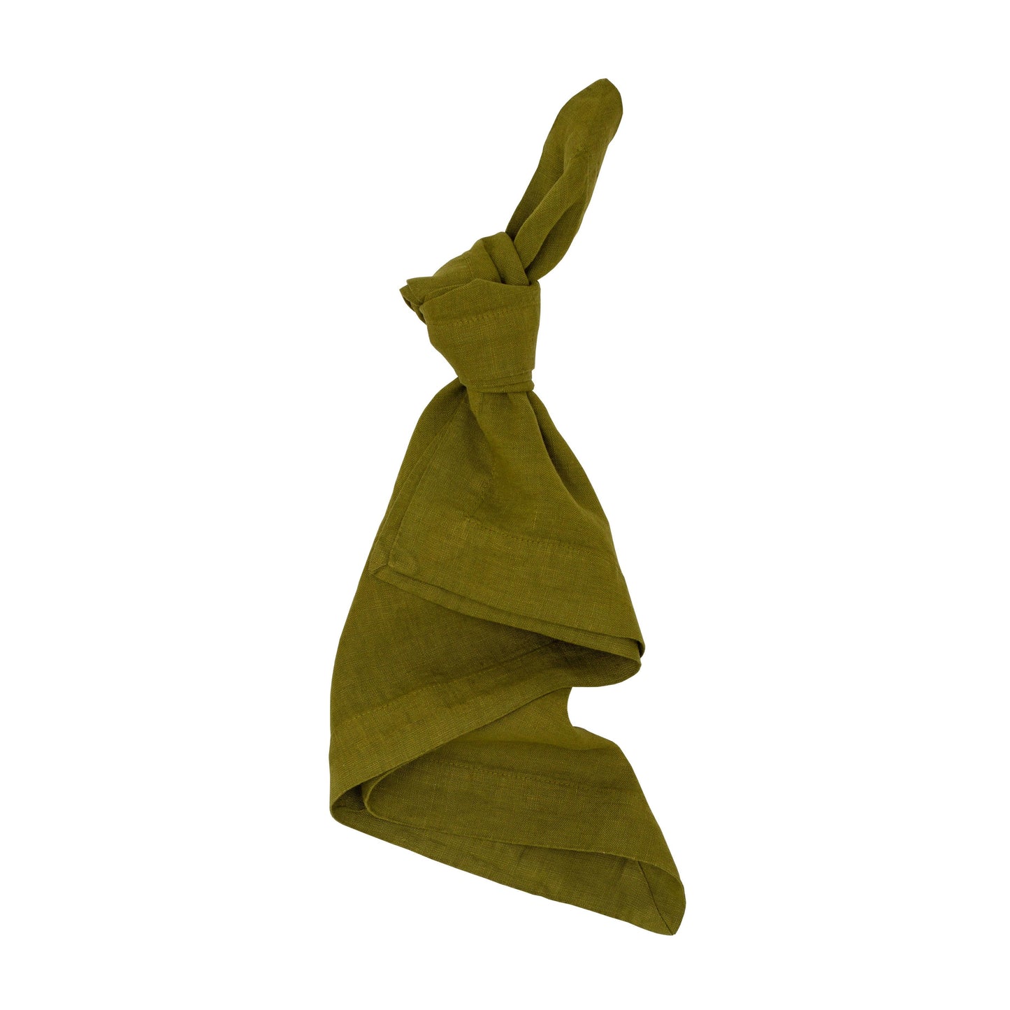 Aloe Green HG Signature Hand-dyed Linen Napkin, 22-inch square, tied in a knot.