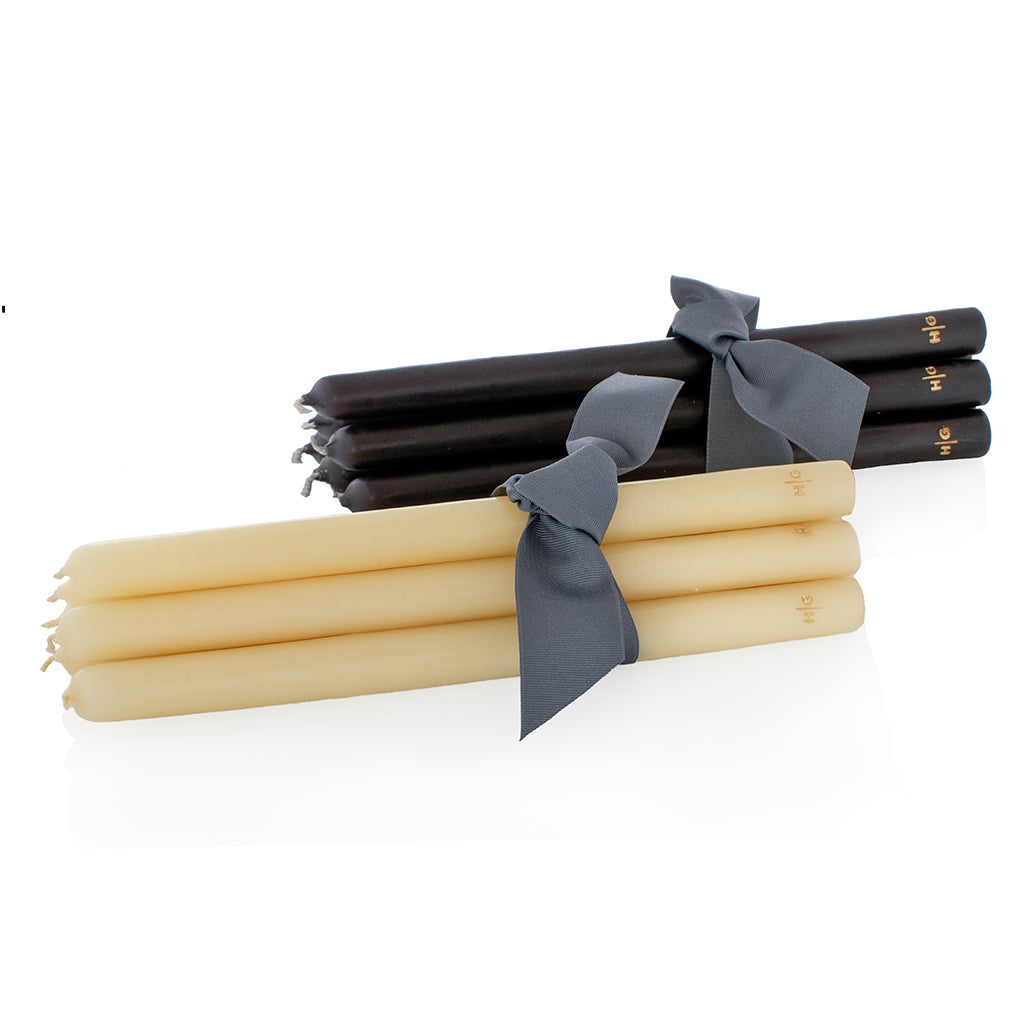 HG Amber 15" unscented taper candle bundle (set of 5) with gold HG logo, tied with a gray ribbon.