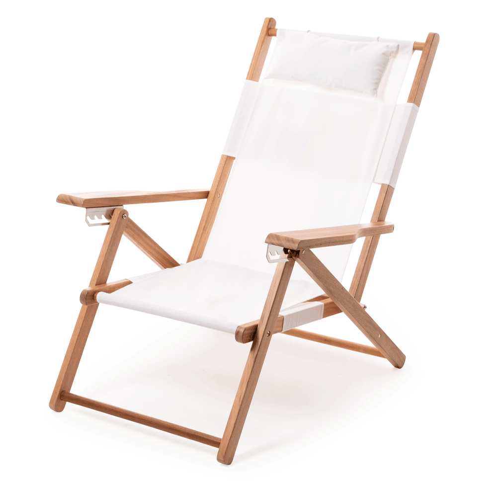 Antique White Reclining Tommy Outdoor Beach Chair with hardwood frame and white canvas.