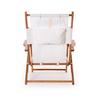 Antique White Reclining Tommy Outdoor Beach Chair, white canvas, hardwood frame, back pocket.