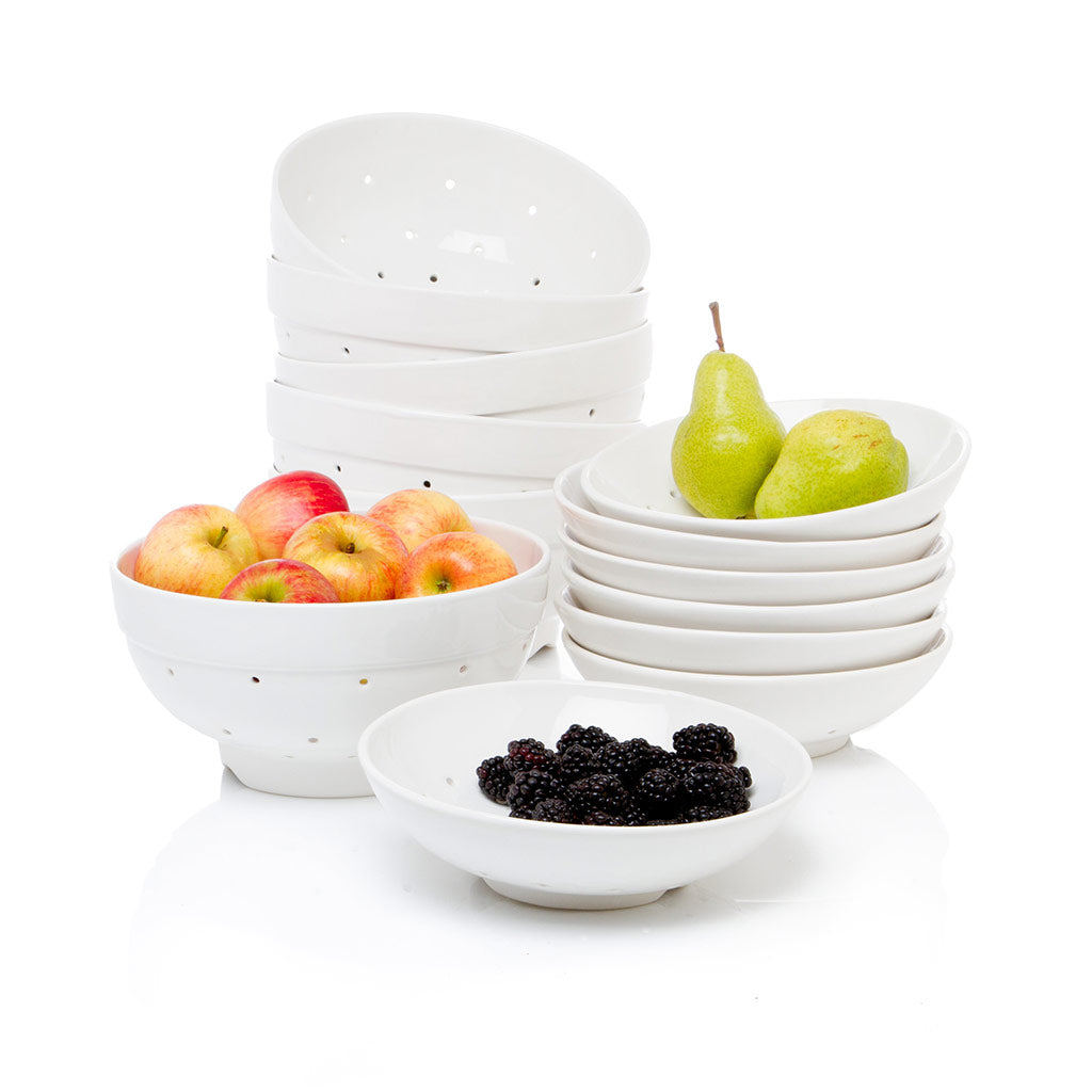 White ceramic berry bowl and colander gift set with fruit, handmade in Italy.