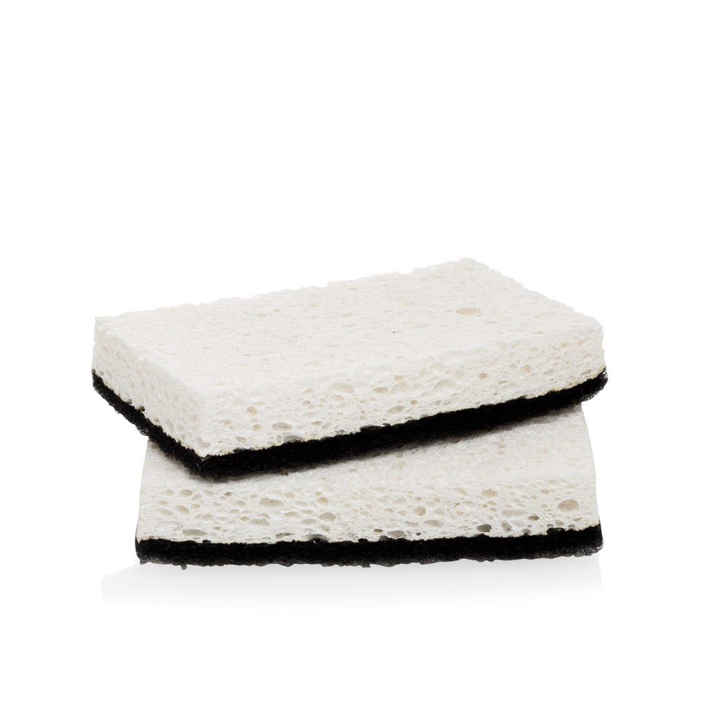 Set of 2 rectangular black and white kitchen sponges with a white scourer top and black sponge bottom.