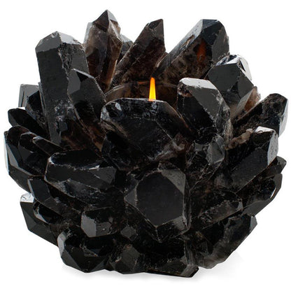 Black Grande Quartz Votive Candle Holder, 9"Dia x 7"H, with a lit candle.