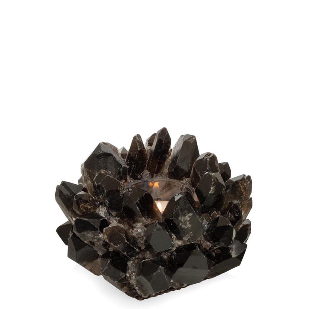 Black petite quartz votive candle holder with raw, dark crystal clusters.
