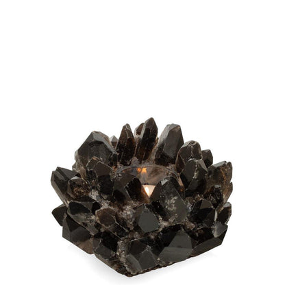 Black petite quartz votive candle holder with raw, dark crystal clusters.