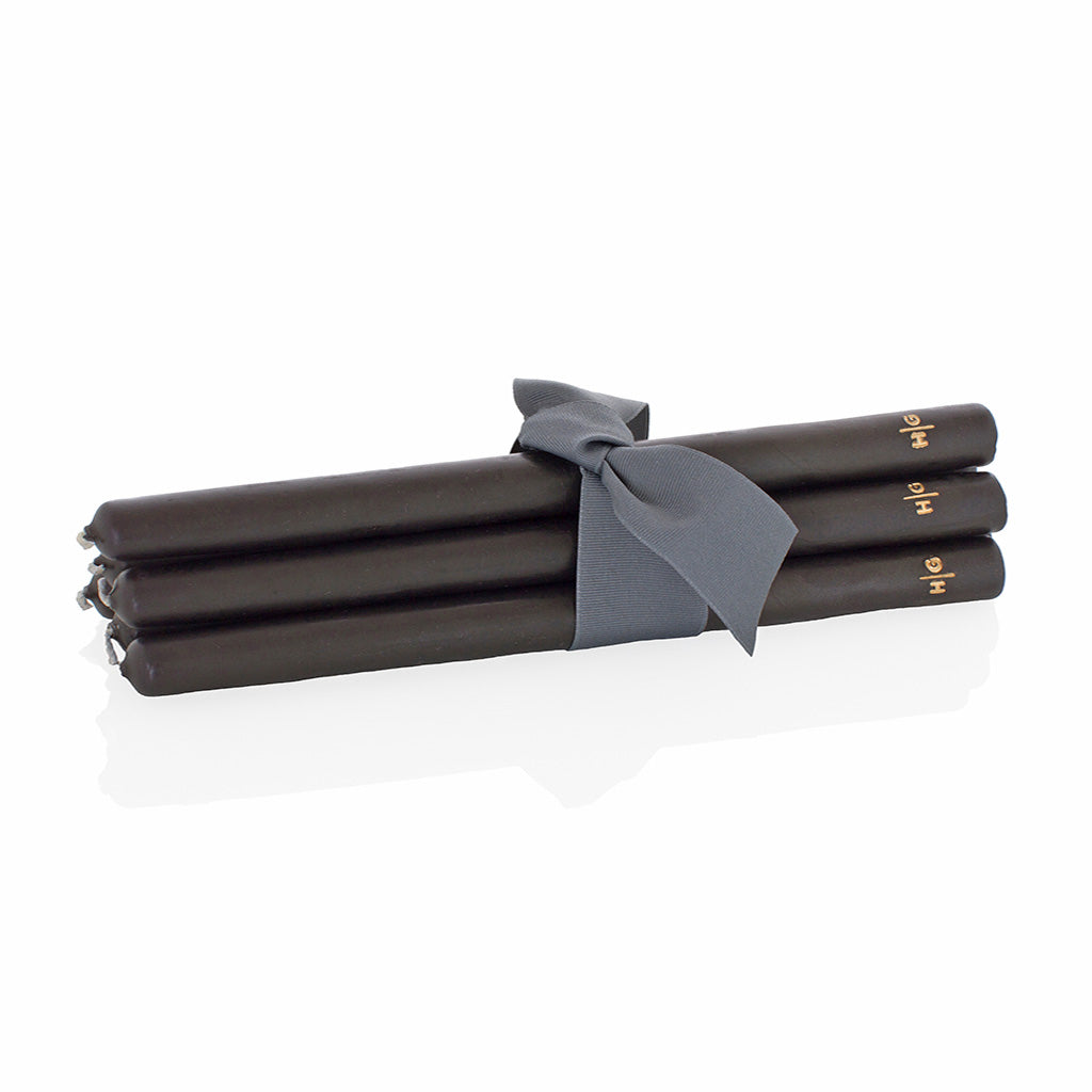 Set of 5 HG Black Unscented 15" Taper Candles, hand-dipped paraffin, tied with a gray ribbon.