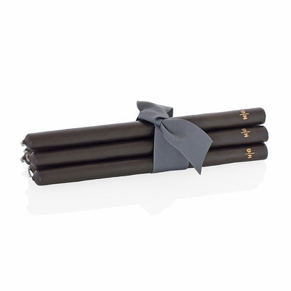 Set of 5 HG Black Unscented 15" Taper Candles, hand-dipped paraffin, tied with a gray ribbon.