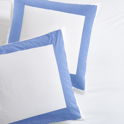 Set of 2 Blue Wide-Band Percale Pillow Shams, white with a 4-inch blue border.