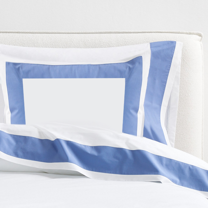 Blue Wide-Band Percale Pillow Shams, set of 2, with a 4" blue appliqued band on white percale.