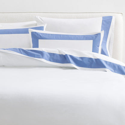 Set of 2 Blue Wide-Band Percale Pillow Shams with 4-inch blue border on white cotton percale.