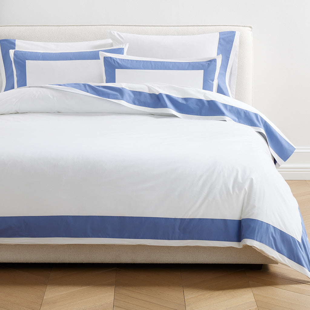 Blue Wide-Band Percale Pillowcases and duvet cover set, 500-thread-count, extra-long staple cotton.