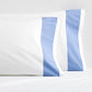 Set of 2 white percale pillowcases with a vertical blue wide-band design.