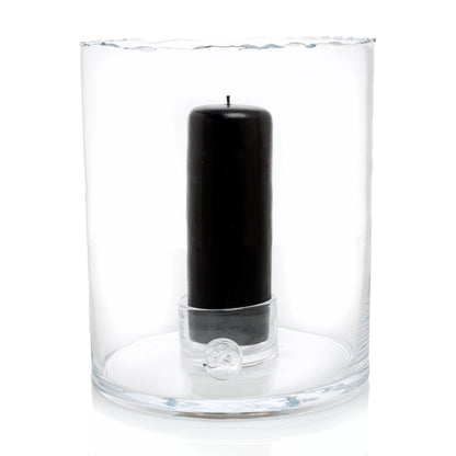 Bob Clear Scissor-Cut Glass Hurricane Candle Holder with black pillar candle, 11.5"Dia x 12"H.