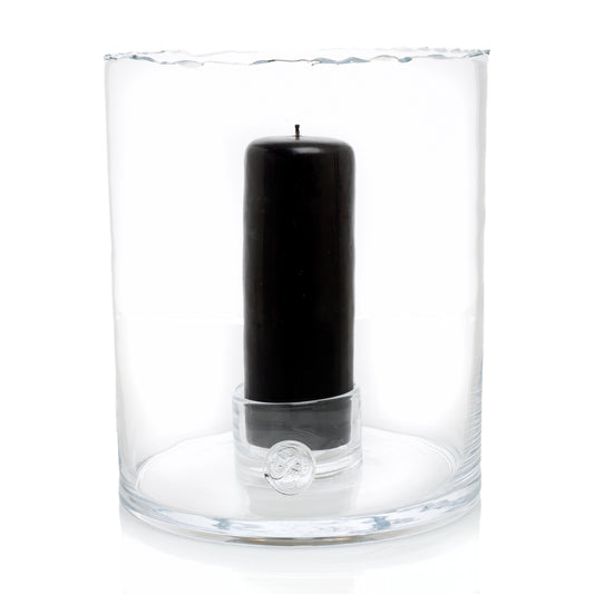 Bob Clear Scissor-Cut Glass Hurricane Candle Holder with black pillar candle, 11.5"Dia x 12"H.