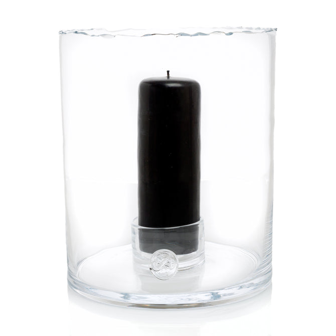 Bob Clear Scissor-Cut Glass Hurricane Candle Holder with black pillar candle, 11.5"Dia x 12"H.