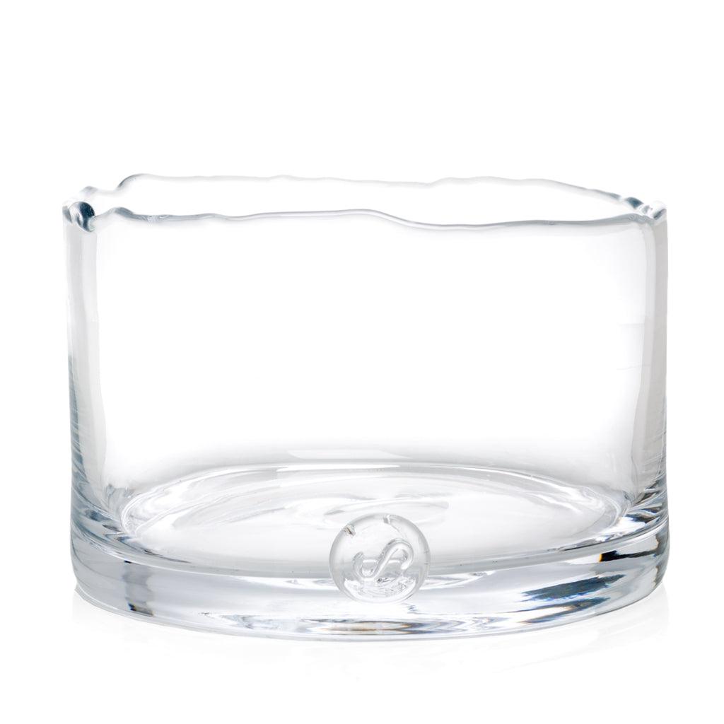 Bob Scissor-Cut Glass Low Bowl, clear mouth-blown glass with a distinctive hand-sheared rim.