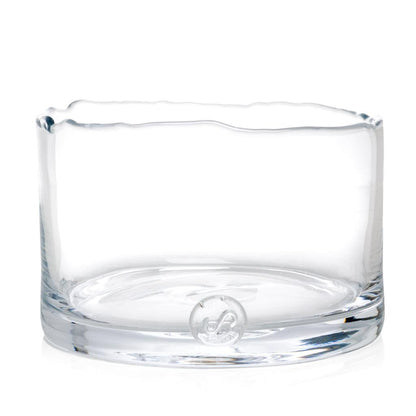 Bob Scissor-Cut Glass Low Bowl, clear mouth-blown glass with a distinctive hand-sheared rim.