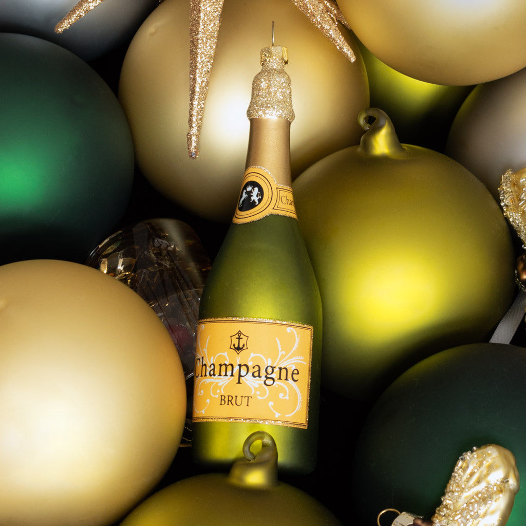 Brut Champagne ornament with gold and green sphere ornaments