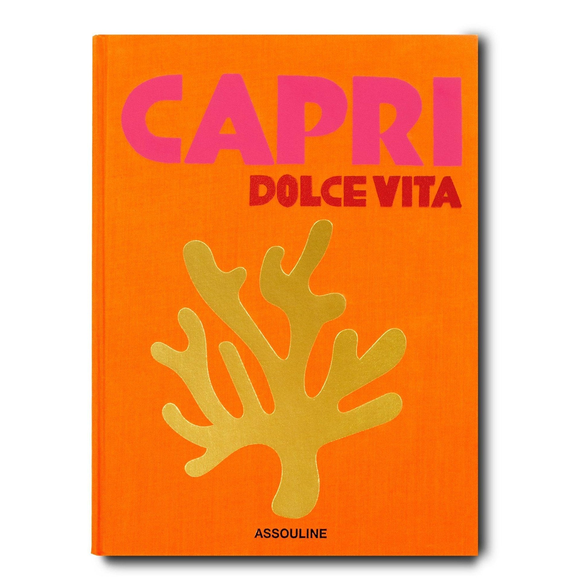 Capri Dolce Vita book, orange linen hardcover with pink "CAPRI" and gold coral design.