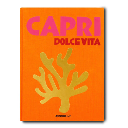 Capri Dolce Vita book, orange linen hardcover with pink "CAPRI" and gold coral design.