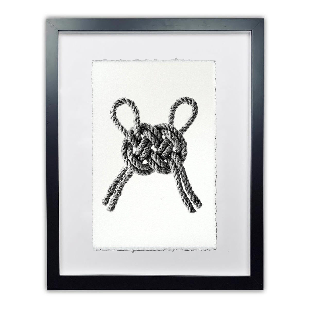 Framed Carrick Double Bend nautical knot print on handmade Nepalese paper, black frame, white mat.