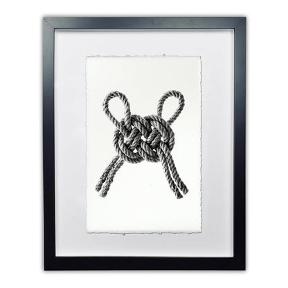 Framed Carrick Double Bend nautical knot print on handmade Nepalese paper, black frame, white mat.