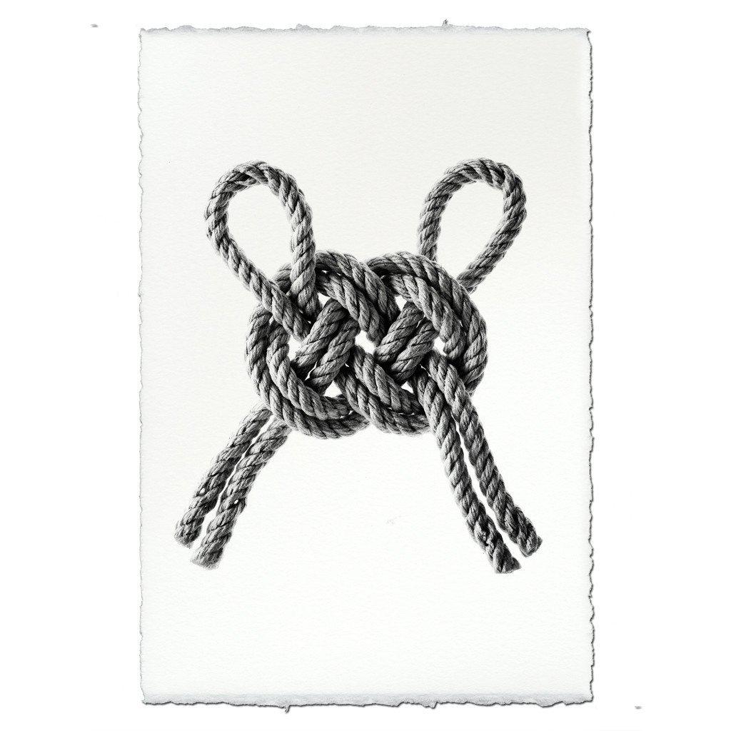 Black and white Carrick Double Bend nautical knot print on handmade Nepalese paper with deckled edges.
