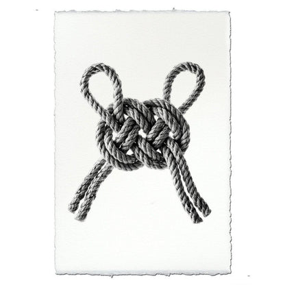 Black and white Carrick Double Bend nautical knot print on handmade Nepalese paper with deckled edges.