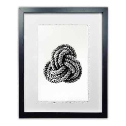 Framed Carrick Nautical Knot print on handmade Nepalese paper, black and white rope design.