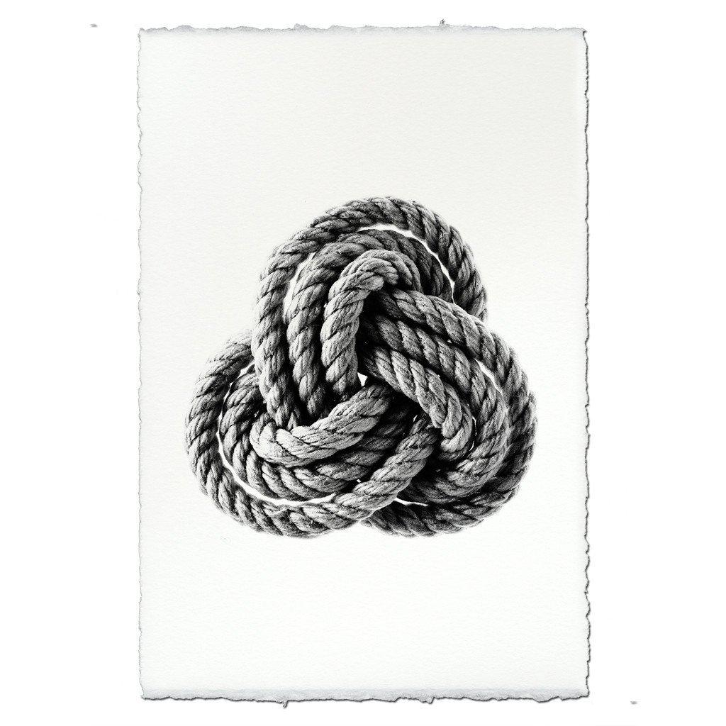 Black and white Carrick Nautical Knot rope art print on handmade Nepalese paper with deckled edges.