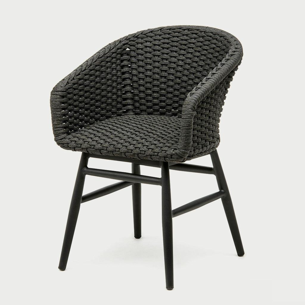 Charly Black Rope Dining Arm Chair with woven PE resin wicker seat and matte black aluminum frame.
