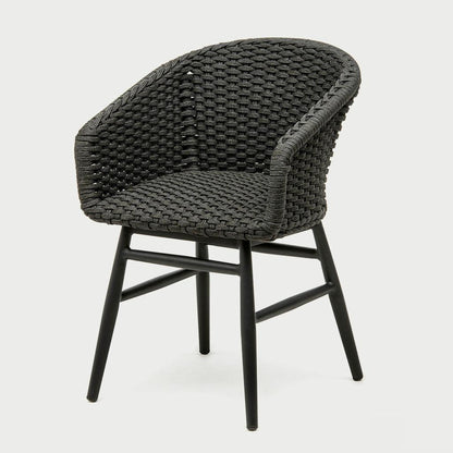 Charly Black Rope Dining Arm Chair with woven PE resin wicker seat and matte black aluminum frame.