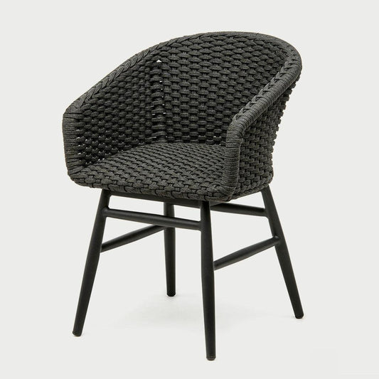 Charly Black Rope Dining Arm Chair with woven PE resin wicker seat and matte black aluminum frame.