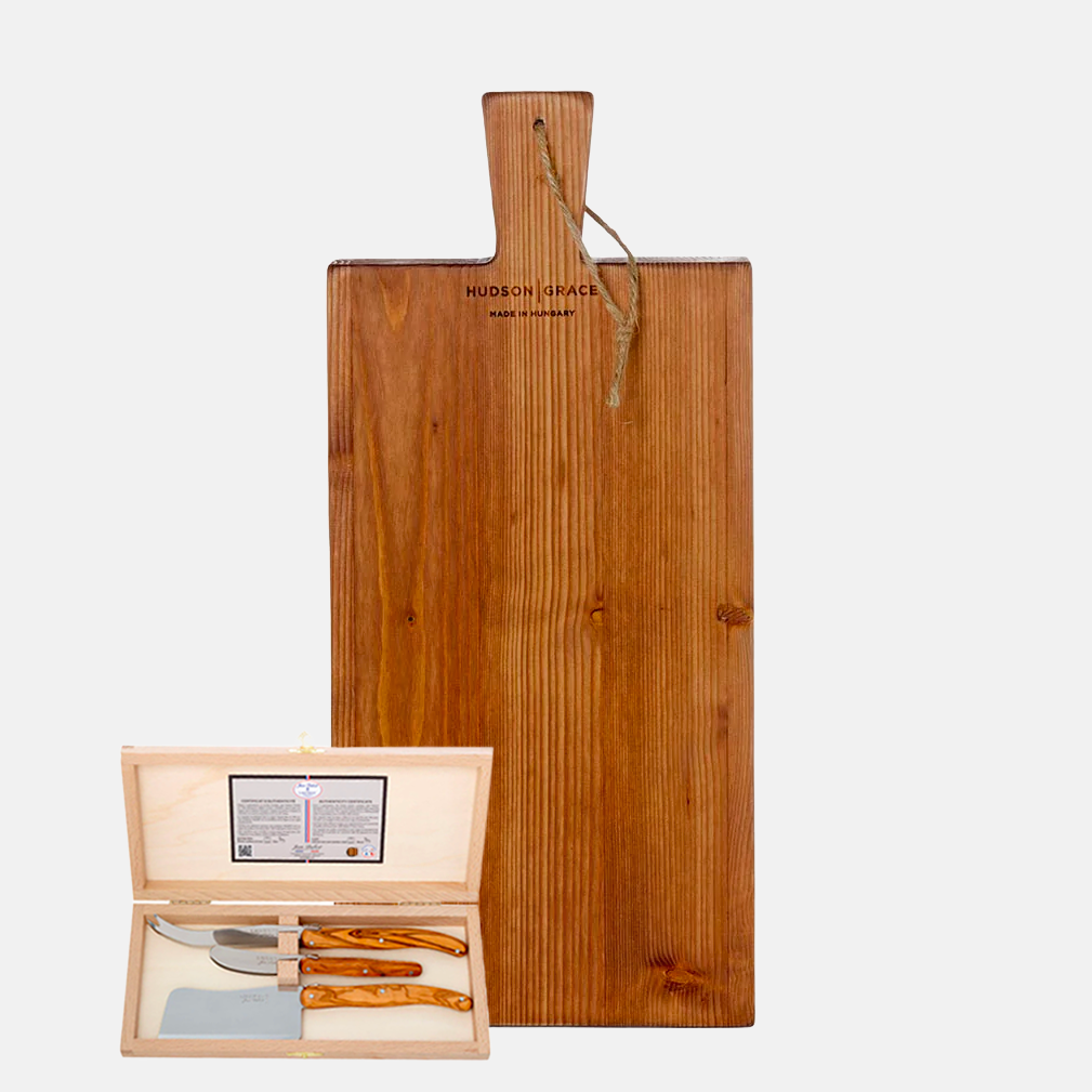 Small Farmtable Wood Serving Plank & Olive Wood Cheese Knives Gift Set