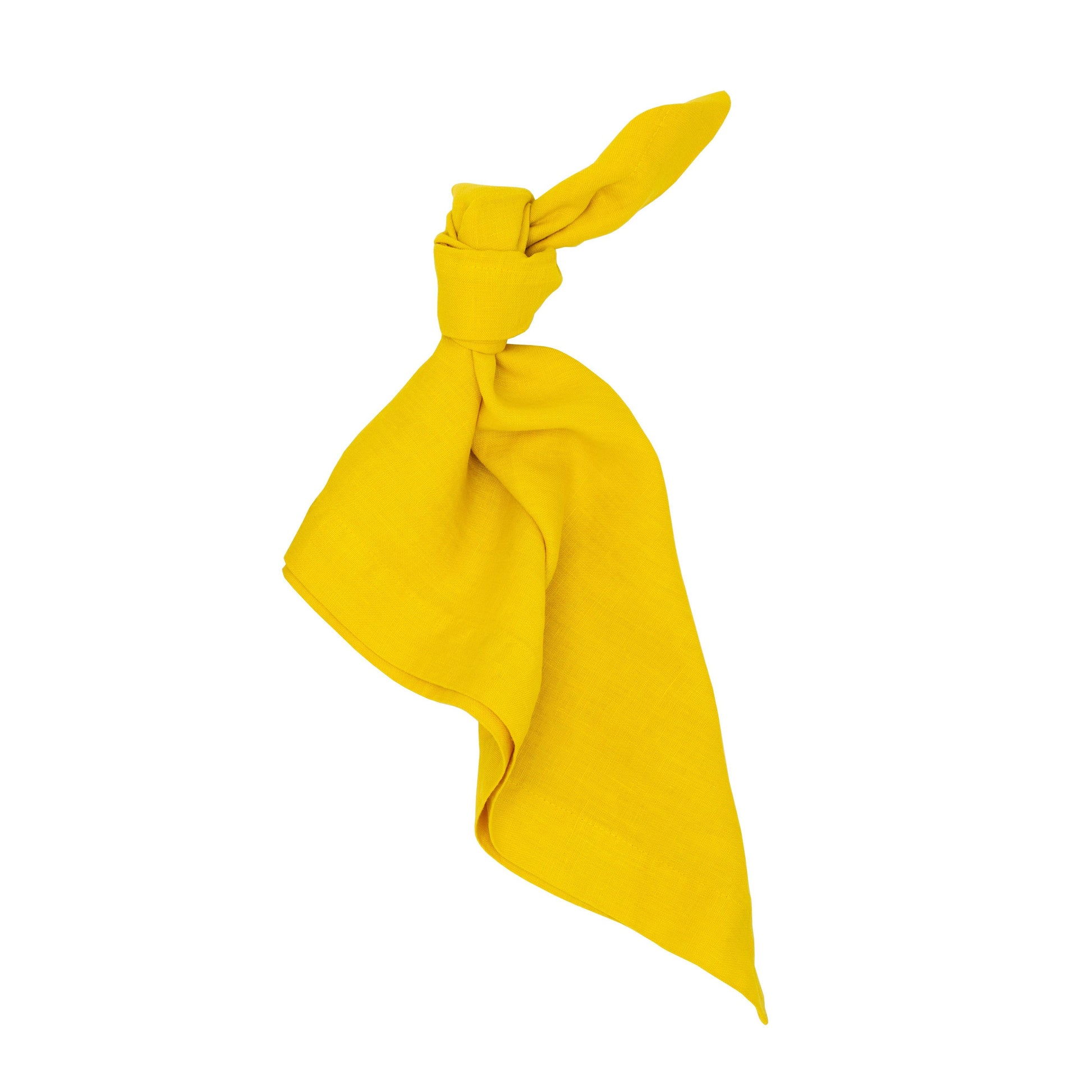 Citron HG Signature hand-dyed bright yellow linen napkin, 22" square, tied in a knot.