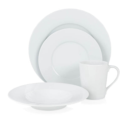 HG Classic white porcelain dinnerware set: mug, dinner plate, salad plate, and bowl.