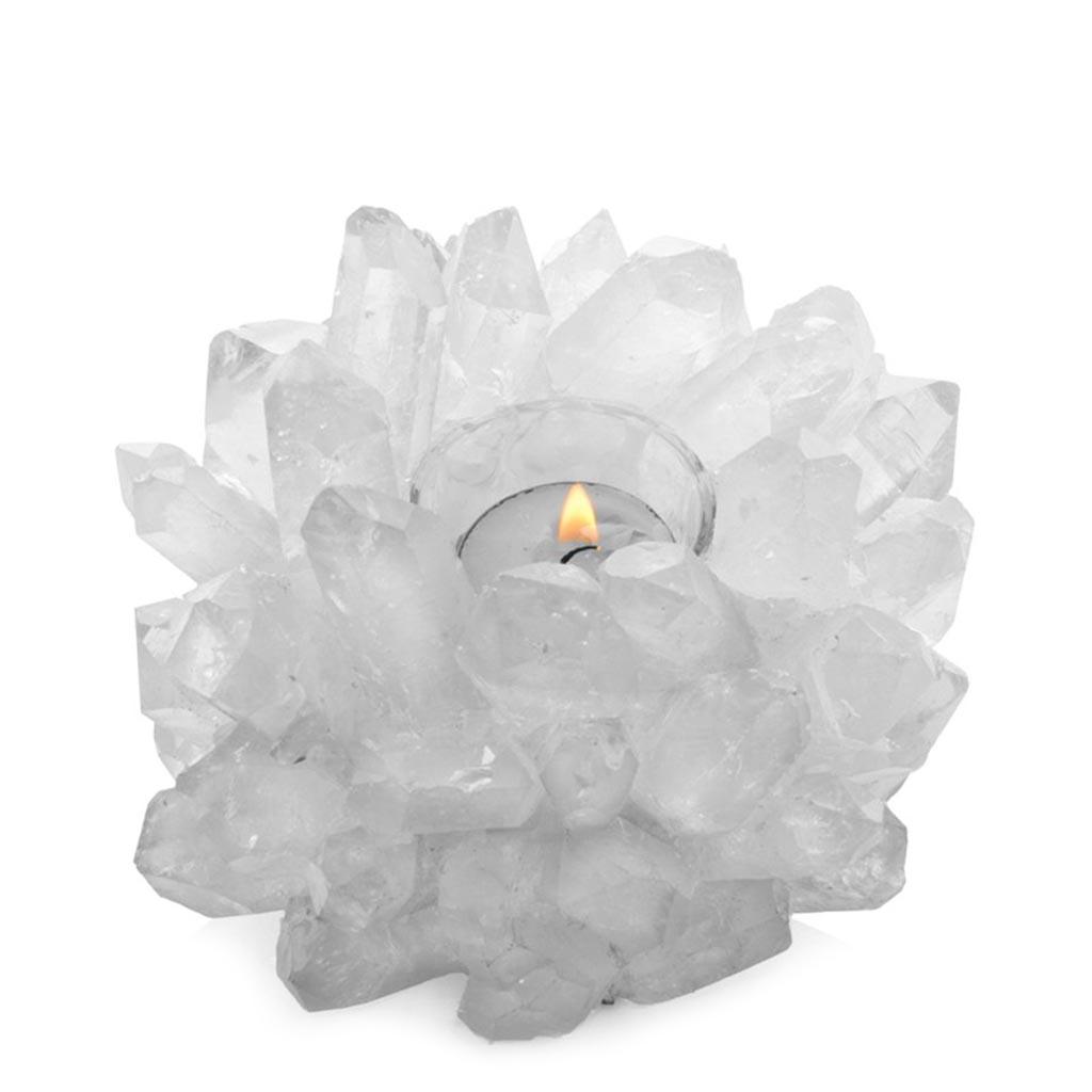 Clear Classic Quartz Votive Candle Holder, 6.5"Dia x 5.5"H, with a lit candle.
