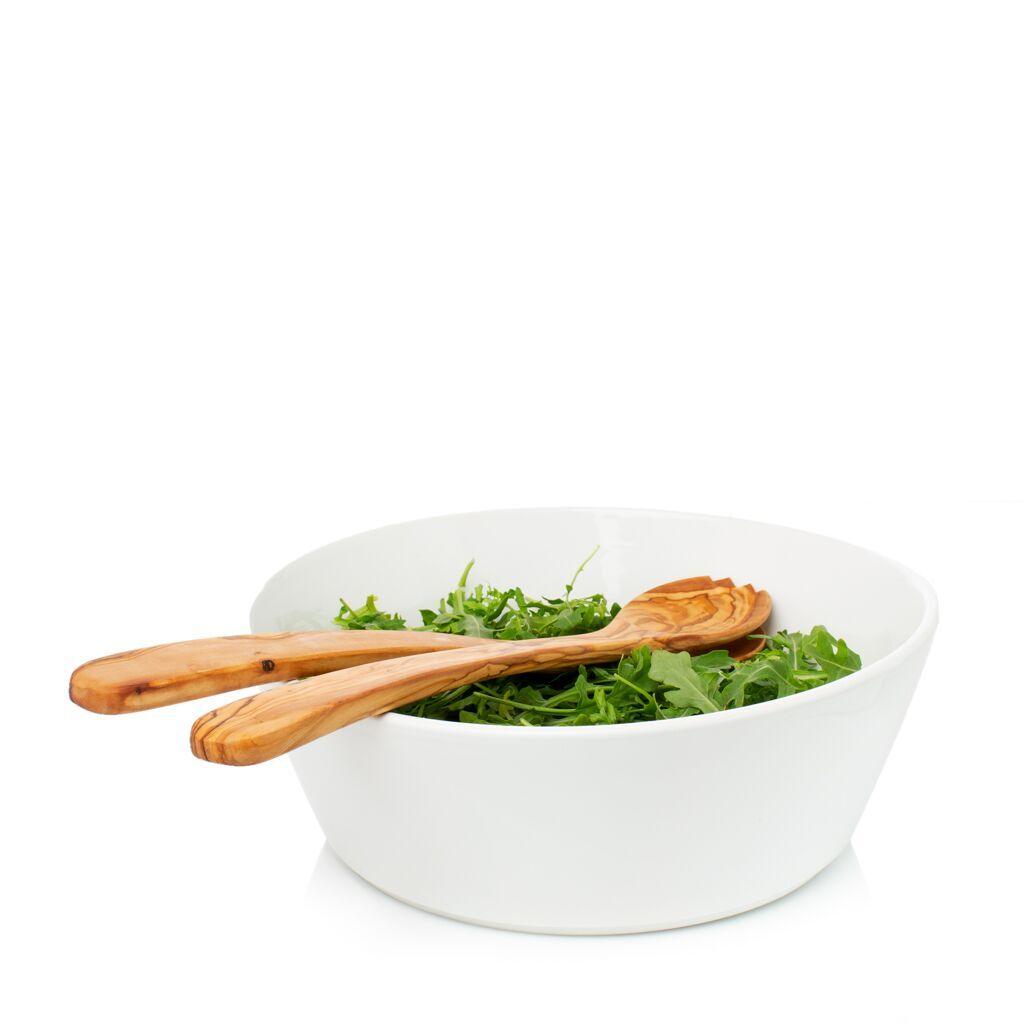 Corno Ceramic Serve Bowl, creamy white earthenware, 12.5" Dia, with green salad and wooden servers.