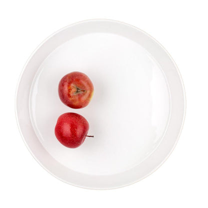 Corno Ceramic Serve Bowl, creamy white glaze, 12.5" Dia x 4.5" H, with two red apples.