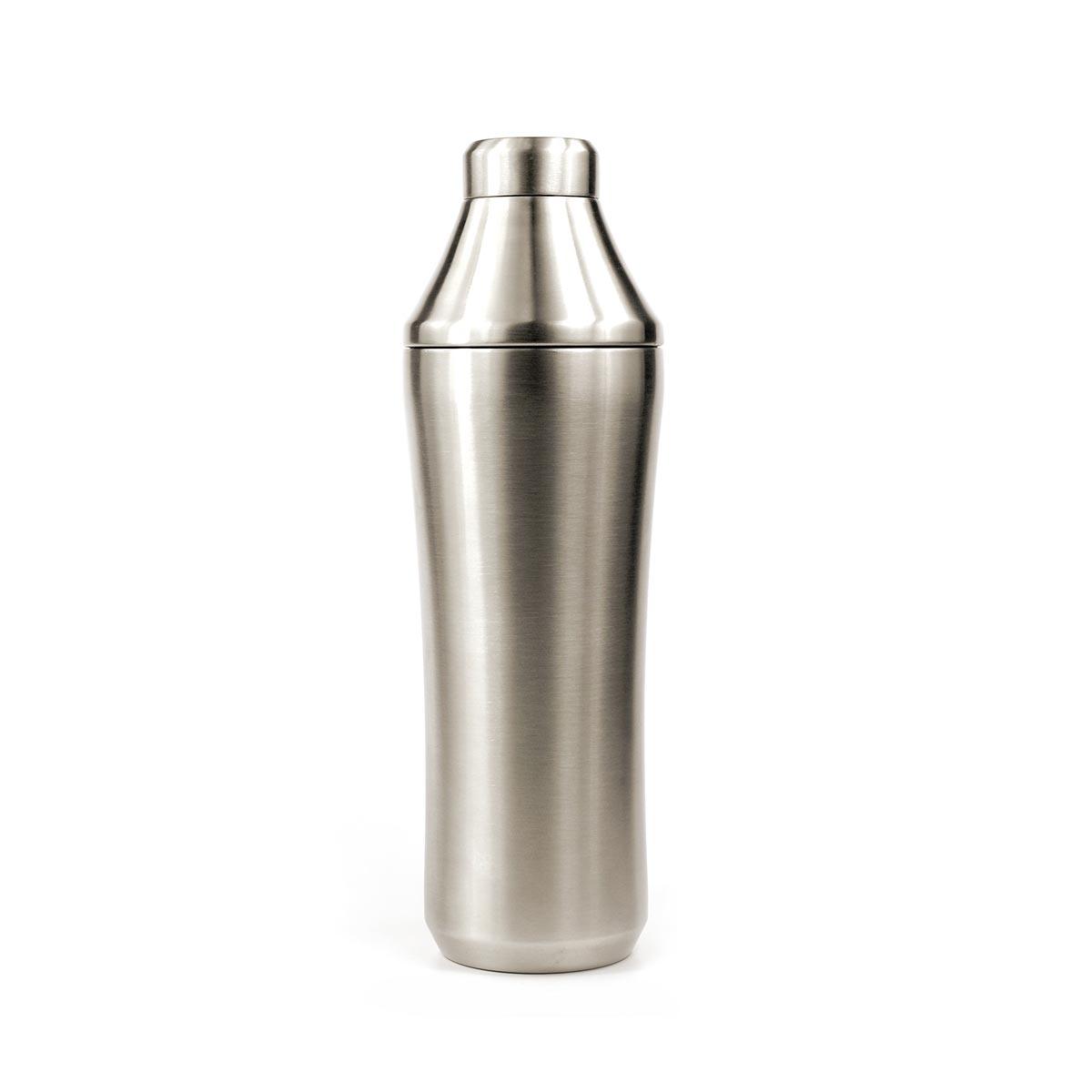 Brushed stainless steel craft cocktail shaker with a sleek, tapered design and integrated measuring top.